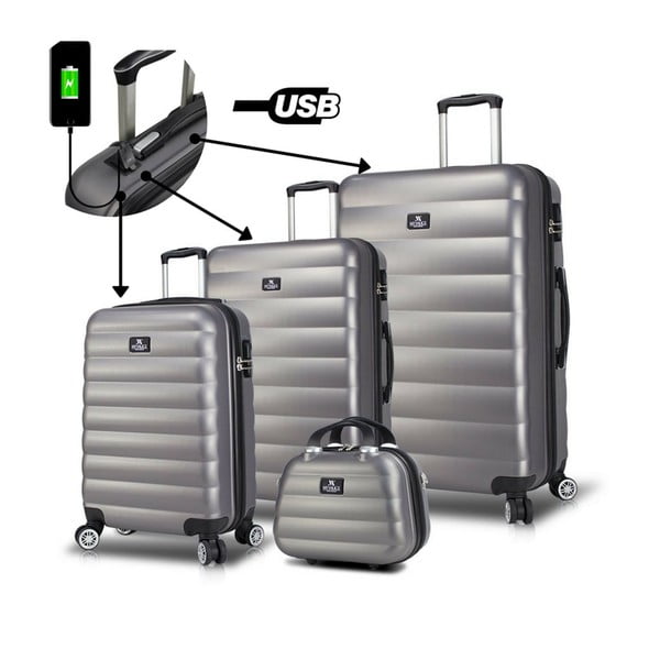 Sada 3 sivých cestovných kufrov na kolieskach s USB porty a príručného kufríka My Valice RESSO Travel Set