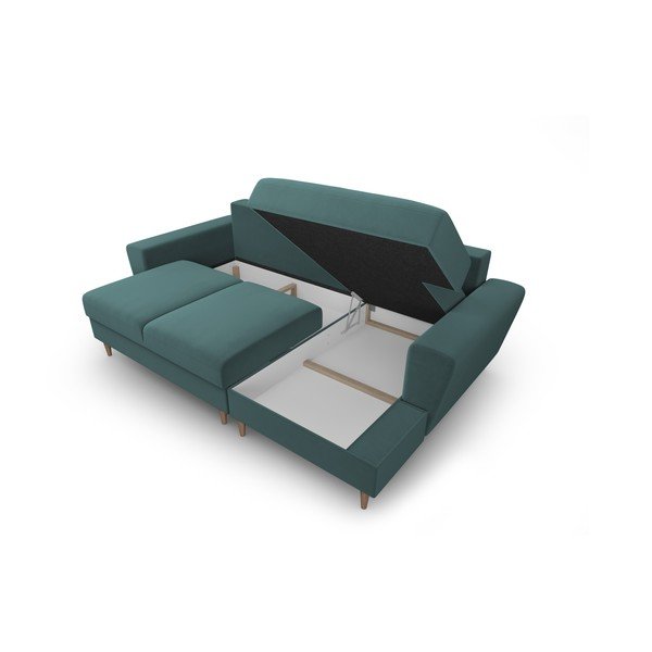 Zamatová rozkladacia/s úložným priestorom rohová pohovka v petrolejovej farbe (pravý roh/s leňoškou) Kyoto – Cosmopolitan Design-image-3