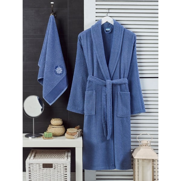 Modrý bavlnený župan a uterák v súprave veľkosť S/M – Mila Home