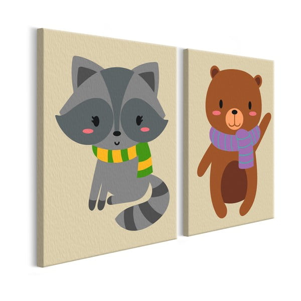 DIY set na tvorbu vlastného dvojdielneho obrazu na plátne Artgeist Raccoon & Bear, 33 × 23 cm