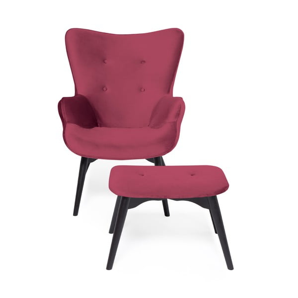 Ružovočervené kreslo a podnožka s podnožou v čiernej farbe Vivonita Cora Velvet-image-2