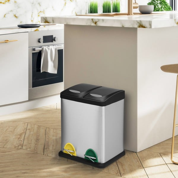 Oceľový odpadkový kôš 2x8 l na triedený odpad/nášľapný v matne striebornej farbe Tri Selectif – MSV-image-1