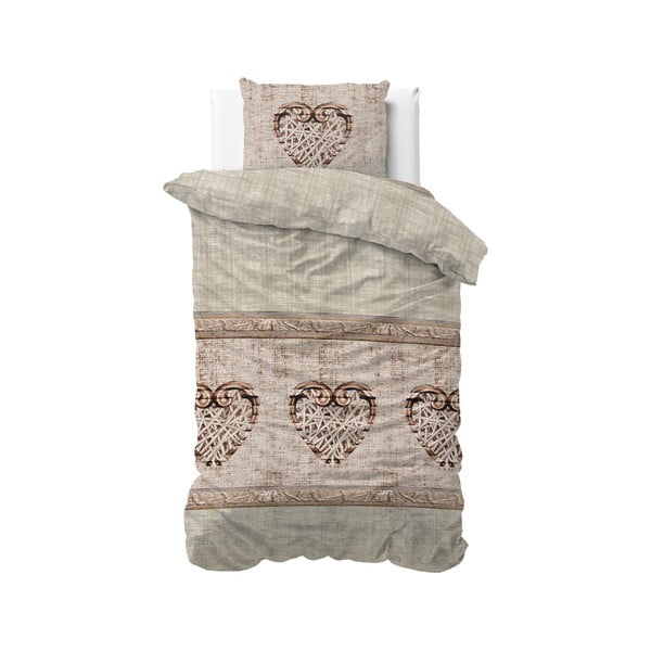 Bavlnené obliečky na jednolôžko Sleeptime Hearts Vintage Taupe, 140 × 220 cm