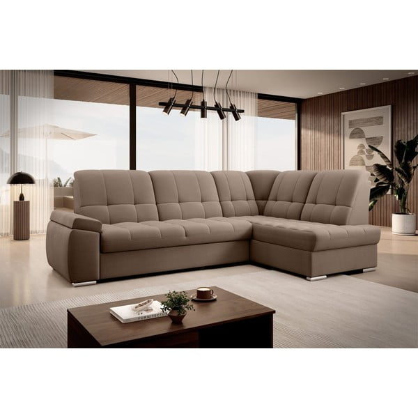 Hnedá zamatová rozkladacia/s úložným priestorom rohová pohovka (pravý roh/do L) Sado – ELTAP-image-4