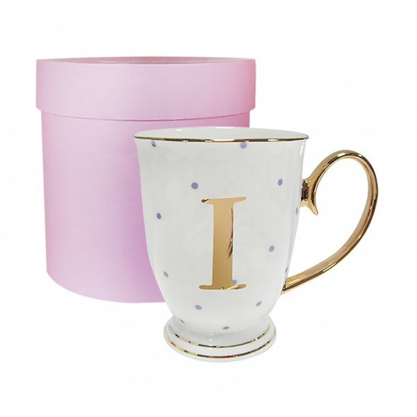 Písmenkový hrnček I s fialovými bodkami