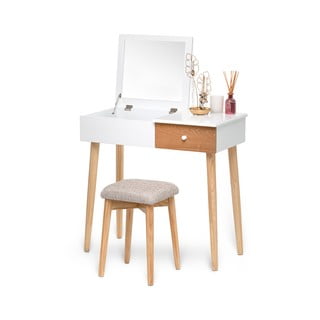 Biely toaletný stolík so zrkadlom, šperkovnicou a stoličkou Bonami Essentials Beauty