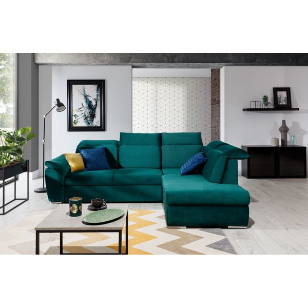 Zelená zamatová rozkladacia/s úložným priestorom rohová pohovka (pravý roh/do L) Loreto – ELTAP-image-1