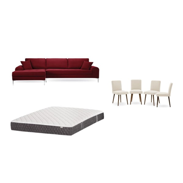 Set červenej pohovky s leňoškou vľavo, 4 krémových stoličiek a matraca 160 × 200 cm Home Essentials