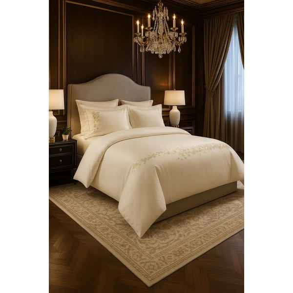 Krémové obliečky na jednolôžko z bavlneného saténu s plachtou/6-dielne 140x200 cm Maison Bloom – Mila Home Luxury-image-1