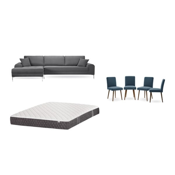 Set sivej pohovky s leňoškou vľavo, 4 modrých stoličiek a matraca 160 × 200 cm Home Essentials