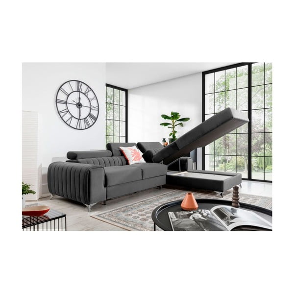 Tmavosivá zamatová rozkladacia/s úložným priestorom rohová pohovka (pravý roh/s leňoškou) Grayson – ELTAP-image-3