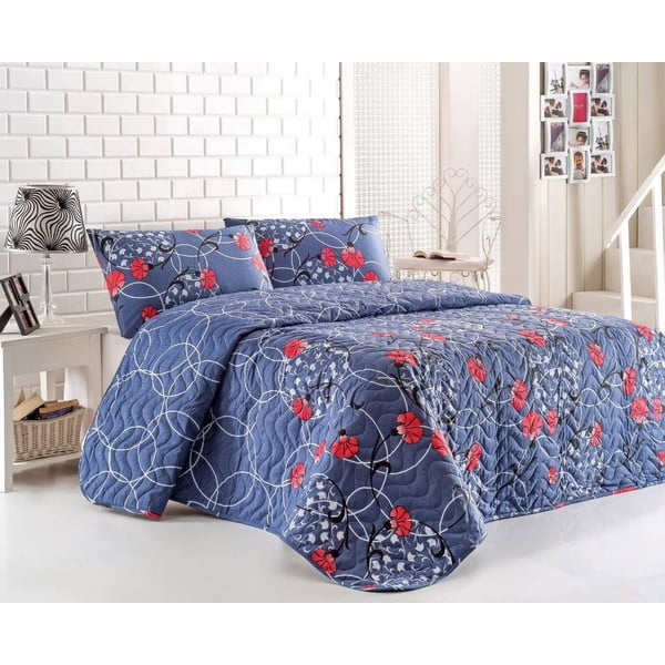 Sada prešívanej prikrývky na posteľ a dvoch vankúšov Blue Red, 200x220 cm