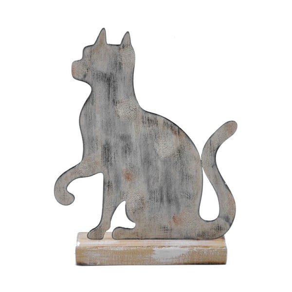 Malá sivá kovová dekorácia na drevenom podstavci s motívom mačky Ego Dekor, 15 × 19,5 cm