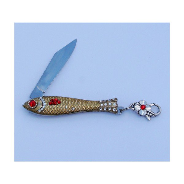 Český nožík rybička Červenobiela s kryštálmi a karabínkou, zlatá-image-1