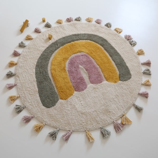 Krémový umývateľný ručne tkaný bavlnený detský koberec ø110 cm Rainbow Moss – Nattiot-image-2