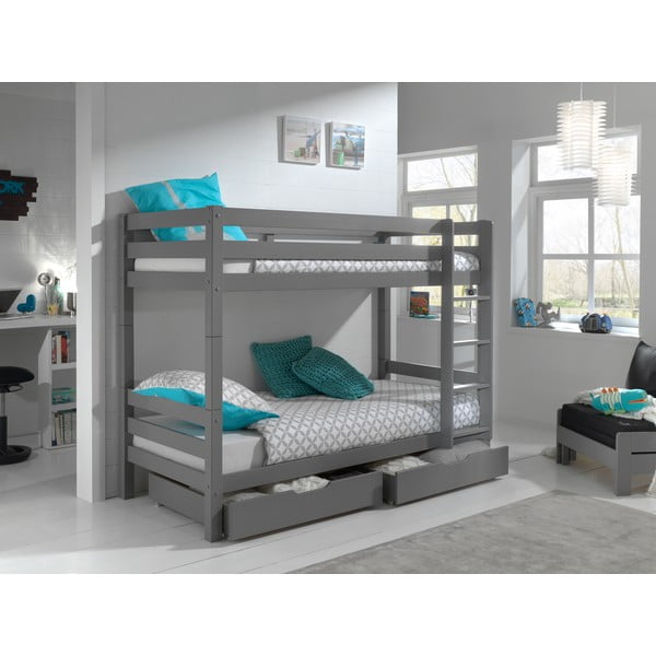 Sivá poschodová detská posteľ z borovicového dreva s úložným priestorom 90x200 cm PINO – Vipack-image-1