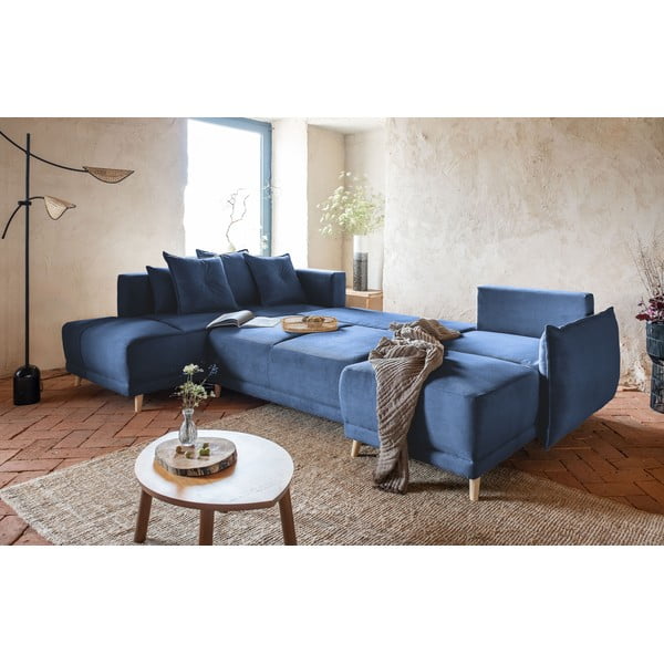 Tmavomodrá menčestrová rozkladacia rohová pohovka (ľavý roh/do "U") Lazy Lukka – Miuform-image-4