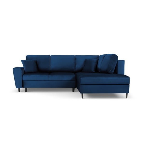 Modrá zamatová rozkladacia/s úložným priestorom rohová pohovka (pravý roh/do L) Kyoto – Cosmopolitan Design