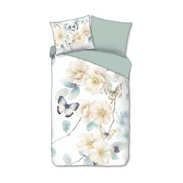 Biele/zelené obliečky na jednolôžko/predĺžené z bavlneného saténu 140x220 cm Adiwanya – Descanso