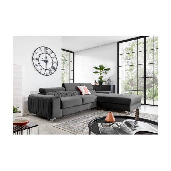 Tmavosivá zamatová rozkladacia/s úložným priestorom rohová pohovka (pravý roh/s leňoškou) Grayson – ELTAP-image-1