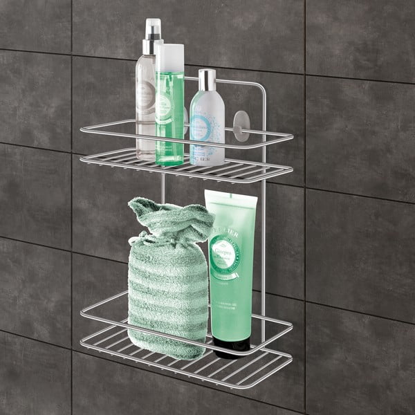 Závesná oceľová kúpeľňová polička bez vŕtania v lesklo striebornej farbe Luxy – Metaltex-image-1