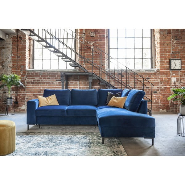 Tmavomodrá zamatová rozkladacia rohová pohovka (pravý roh) Lofty Lilly – Miuform-image-4