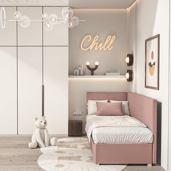 Ružová rohová detská posteľ s úložným priestorom s matracom 90x200 cm Flexi – Ghado-image-1