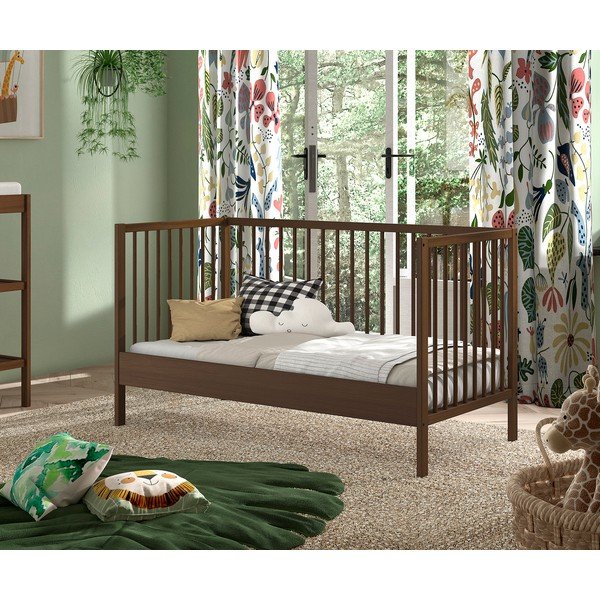 Hnedá postieľka z bukového dreva s odnímateľným bokom/s nastaviteľnou výškou 70x140 cm Dino – Vipack-image-3