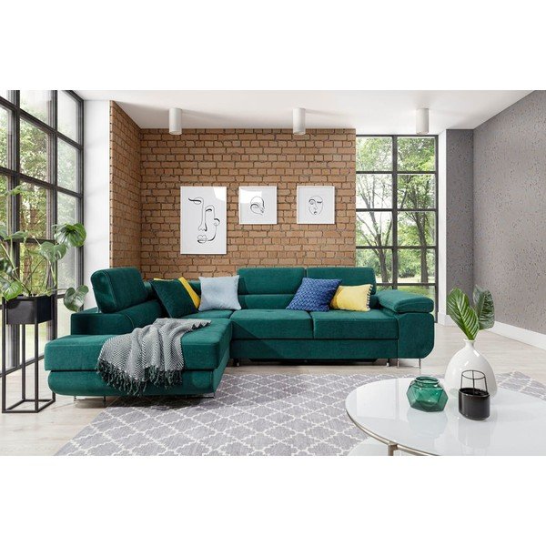 Zelená zamatová rozkladacia/s úložným priestorom rohová pohovka (ľavý roh/do L) Anton – ELTAP-image-1