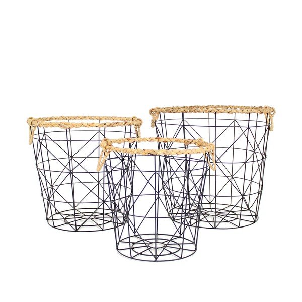 Set troch čiernych drôtených kôšov s konopným vláknom  HF Living