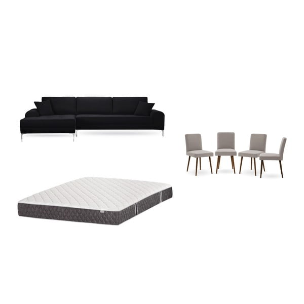Set čiernej pohovky s leňoškou vľavo, 4 sivobéžových stoličiek a matraca 160 × 200 cm Home Essentials