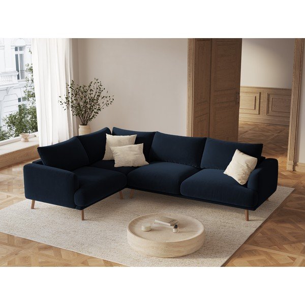 Tmavomodrá zamatová rohová pohovka (ľavý roh/do L) Naomi – Micadoni -image-1