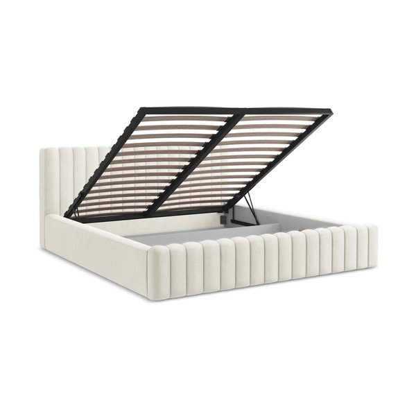 Krémová čalúnená dvojlôžková posteľ s úložným priestorom s roštom 140x200 cm Lemi – Makamii-image-3