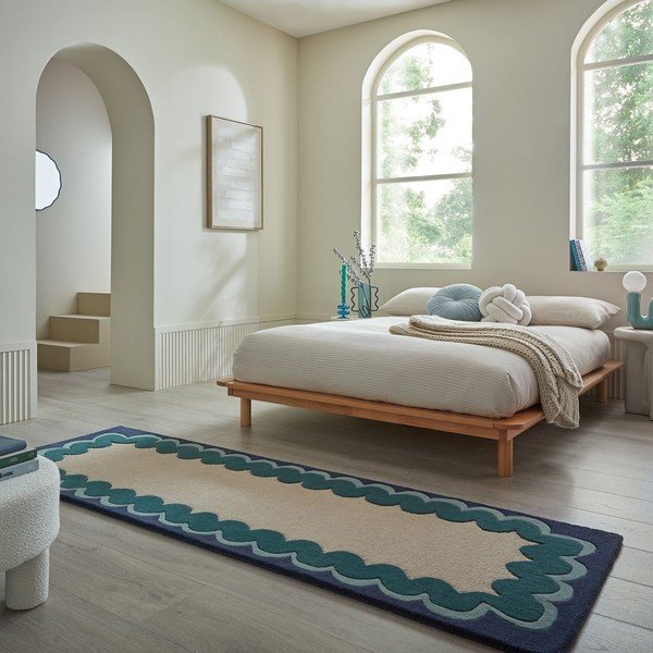 Ručne tkaný vlnený behúň v prírodnej farbe/zelenomodrý 80x230 cm Wiggle Wool – Flair Rugs-image-1