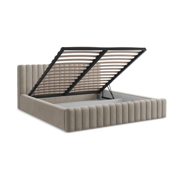 Taupe čalúnená dvojlôžková posteľ s úložným priestorom s roštom 140x200 cm Lemi – Makamii-image-3