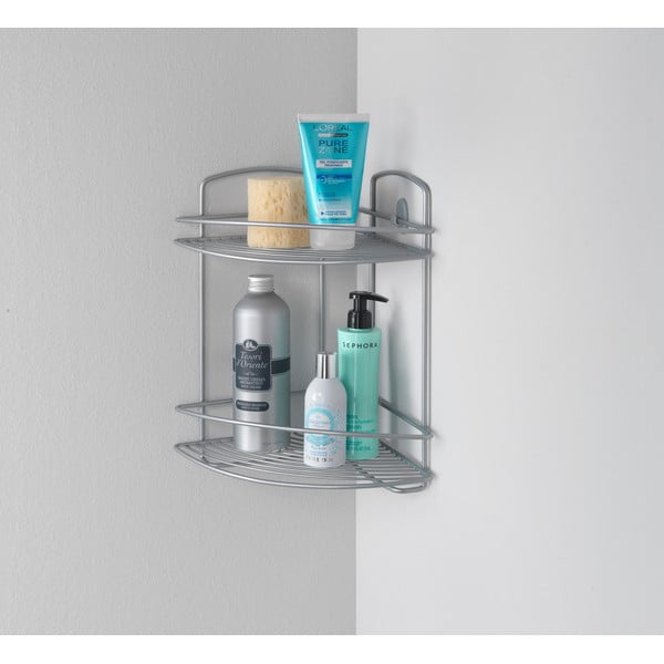 Rohová nástenná oceľová kúpeľňová polička v striebornej farbe - Metaltex-image-1