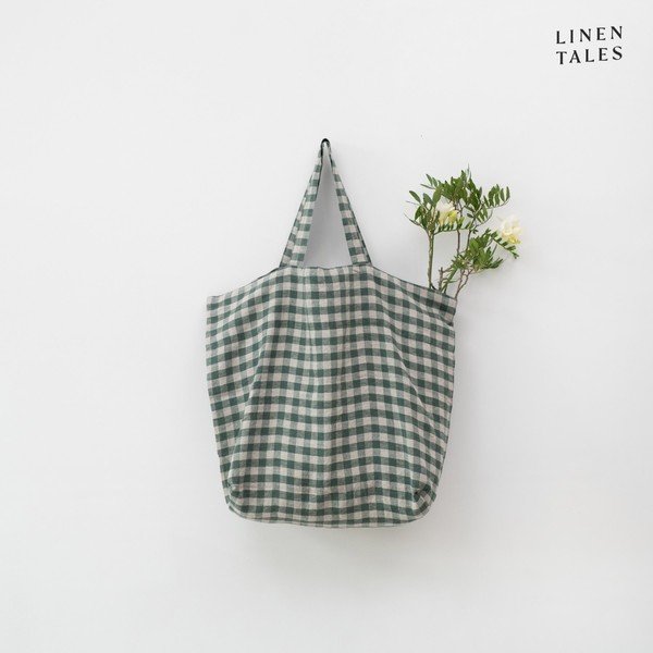 Ľanová nákupná taška Forest Green Gingham – Linen Tales