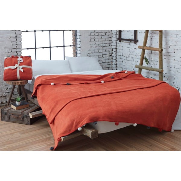Fleecový pléd v tehlovej farbe 150x200 cm Pom Pom – Mijolnir-image-1