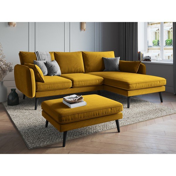 Žltá zamatová rohová pohovka s čiernymi nohami Kooko Home Lento, pravý roh-image-1