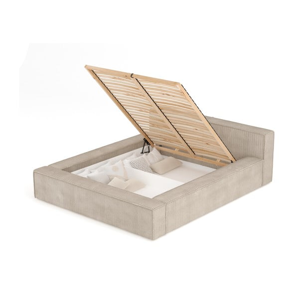 Béžová čalúnená dvojlôžková posteľ s úložným priestorom s roštom 200x200 cm Voliera – Maison de Rêve-image-3