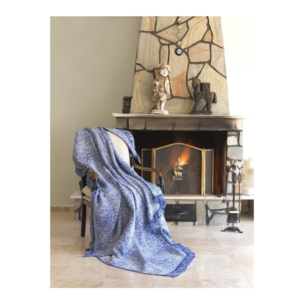 Modrá bavlnená deka mismo Linen, 170 × 220 cm