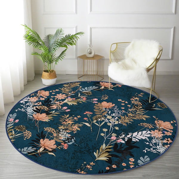 Tmavomodrý prateľný okrúhly koberec vhodný pre robotické vysávače ø 120 cm Comfort – Mila Home-image-4