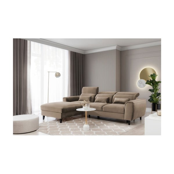 Svetlohnedá zamatová rozkladacia/s úložným priestorom rohová pohovka (ľavý roh/s leňoškou) Foble – ELTAP-image-3