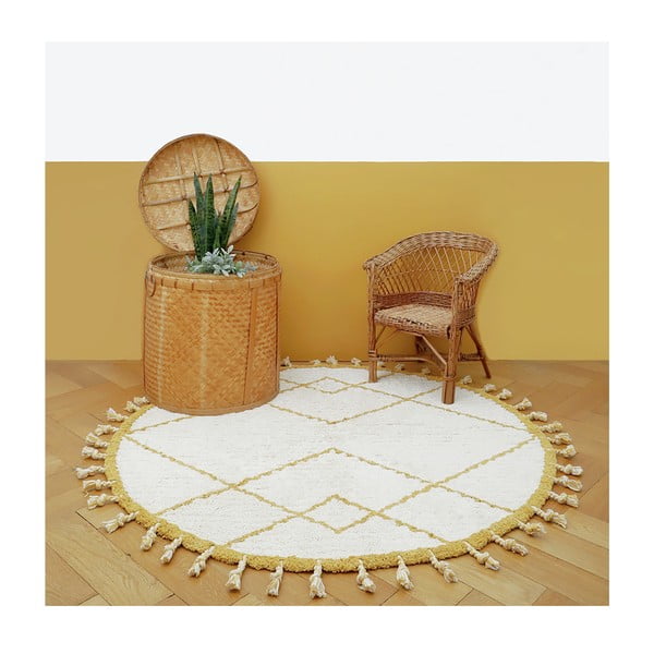 Bielo-žltý bavlnený ručne vyrobený koberec Nattiot Come, ø 120 cm-image-2