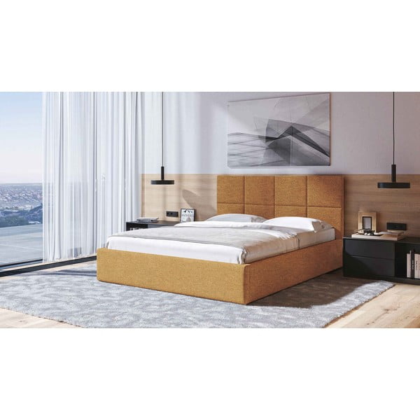 Okrovožltá čalúnená dvojlôžková posteľ s úložným priestorom s roštom 180x200 cm Bufo – MESONICA-image-1