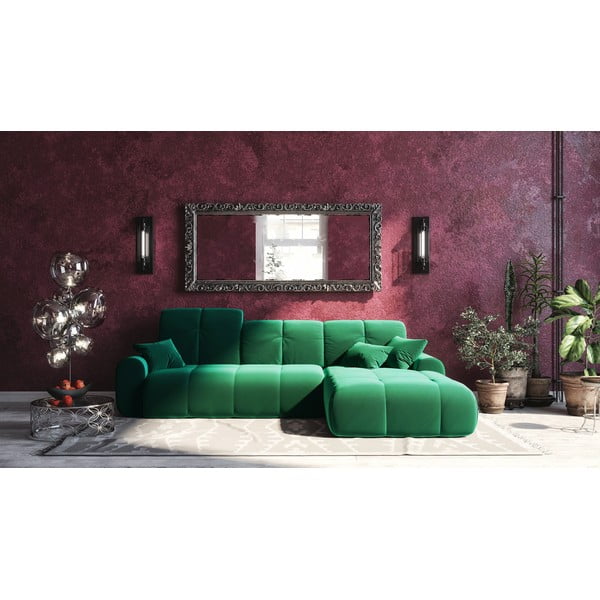 Tmavozelená zamatová rozkladacia rohová pohovka Devichy Tous, pravý roh-image-3