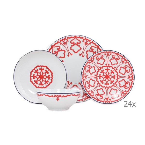 24-dielny set bílého porcelánového riadu s červeným vzorom Kütahya Porselen Desen