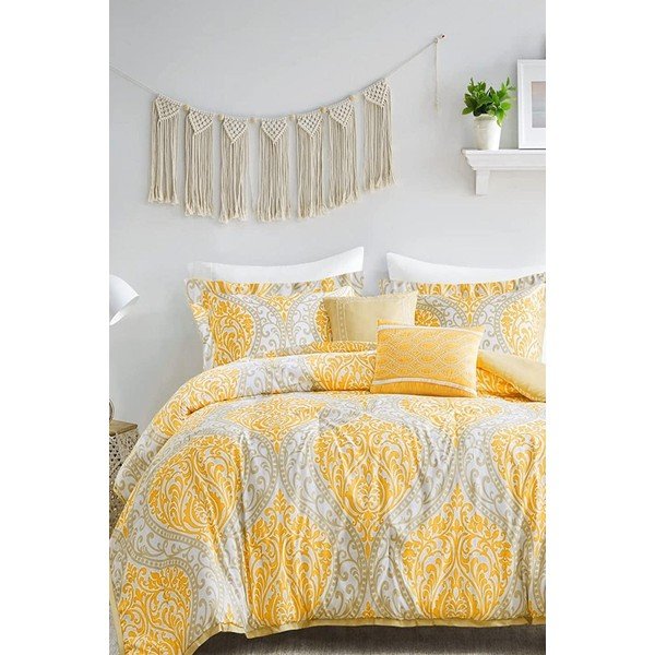 Žlto-sivé 4-dielne predĺžené obliečky na dvojlôžko s plachtou z bavlny Renforcé 200x220 cm Ethnic – Mila Home