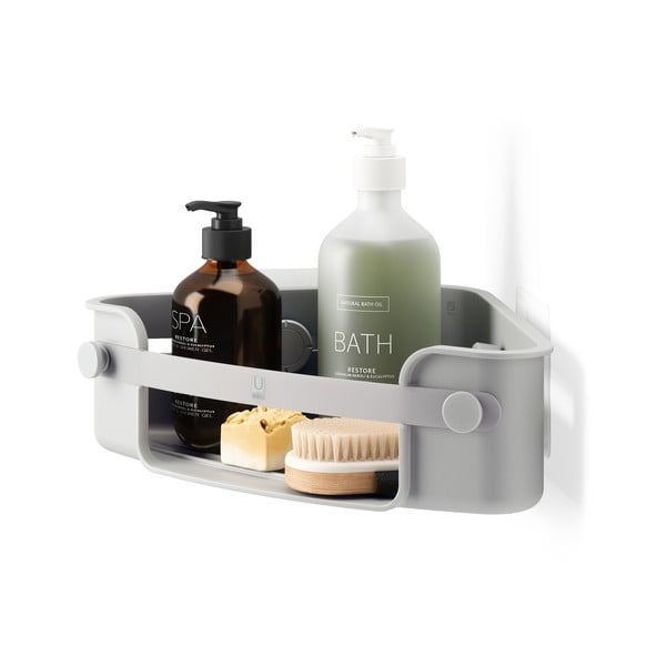 Sivá rohová samodržiaca kúpeľňová polička z recyklovaného plastu Flex Adhesive – Umbra-image-3
