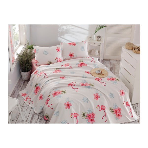 Set bavlneného plédu cez posteľ, plachta a 2 obliečky na vankúš Flamenco Cream, 200 x 235 cm